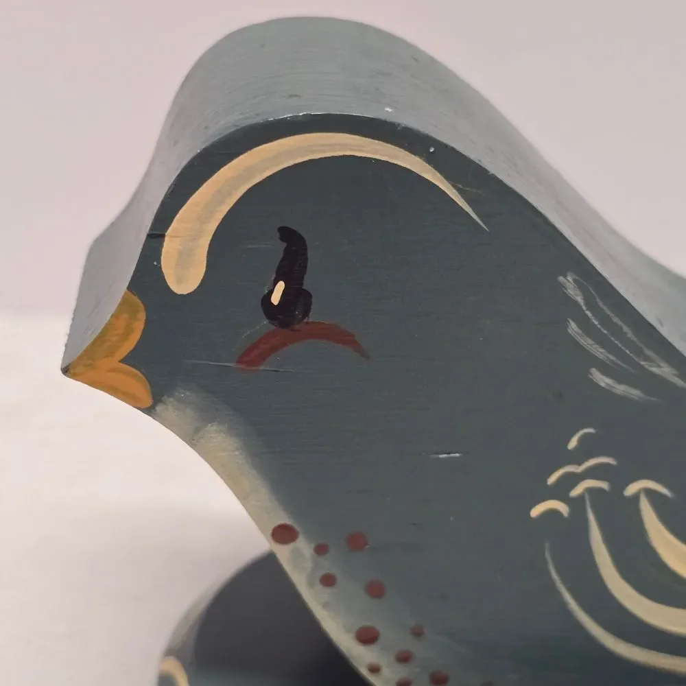 Vintage Sweden Signed Wooden Hand Painted Bird Shaped Blue Candle Holder 60s MCM